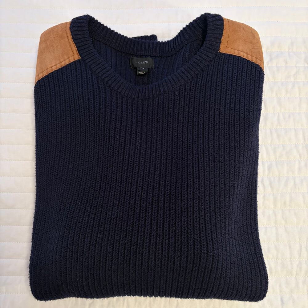 J. Crew Woodman Navy Ribbed Knit Sweater Suede Shoulder Patches Mens XL